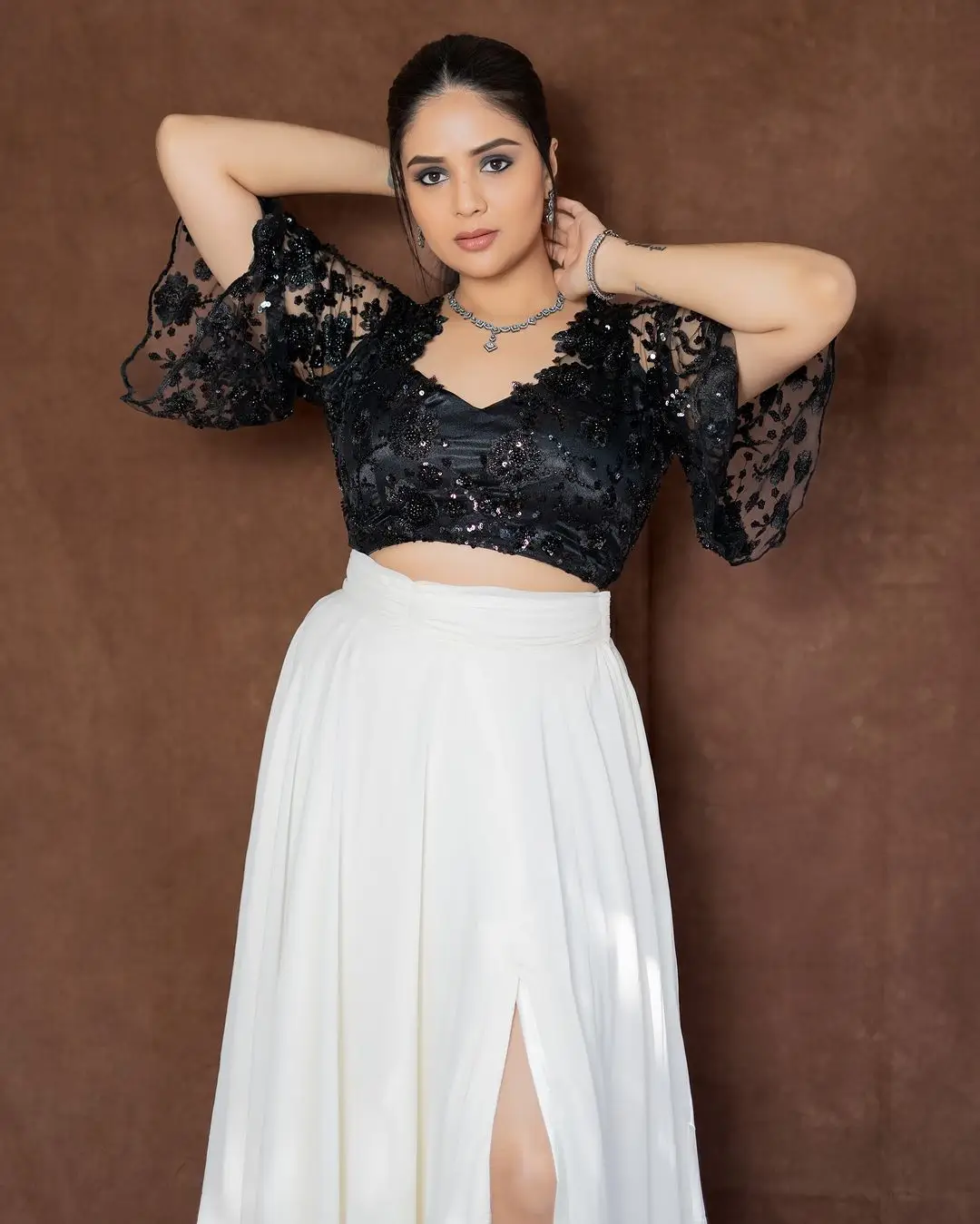 Maa TV Anchor Sreemukhi in White Lehenga Black Choli